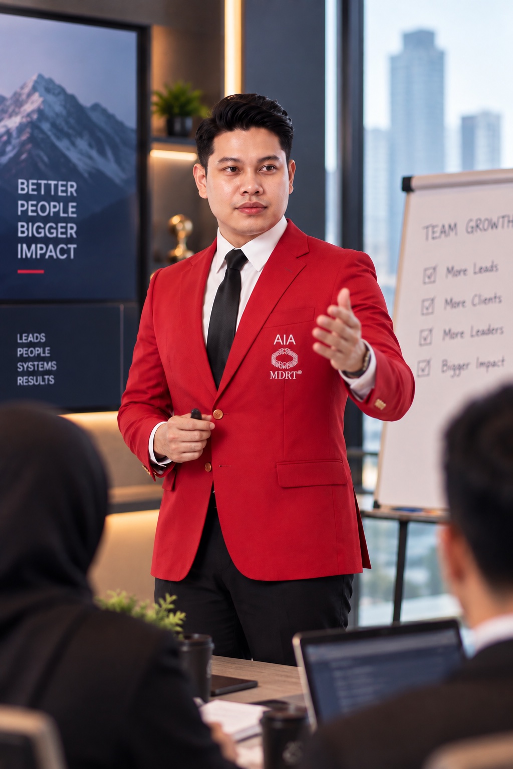Fikri Syazani membentang kepada pasukan dengan blazer merah AIA dan MDRT